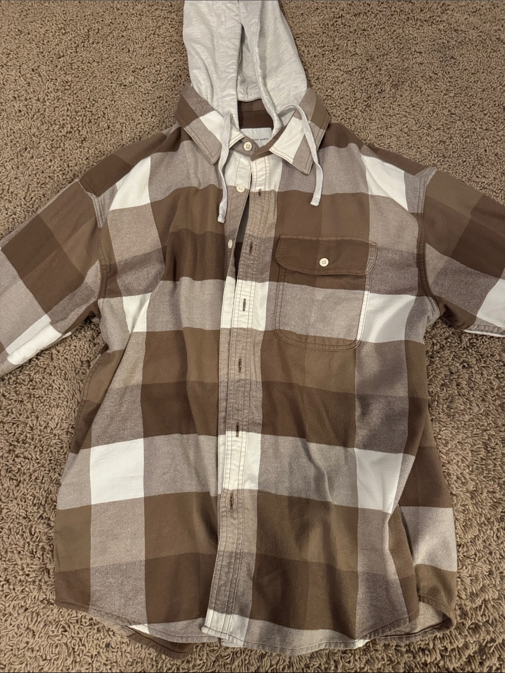 American Eagle Outfitters Brown & Cream Plaid Hooded Button-Up Flannel Shirt